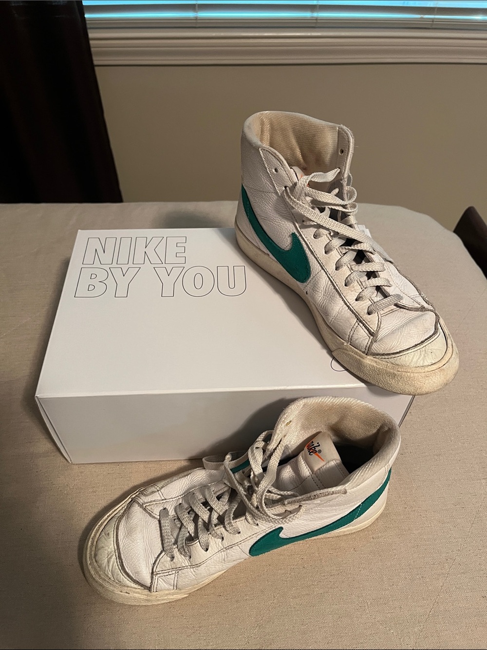 “Nike By You” Custom design White Athletic High-Top Sneakers with Green Swoosh